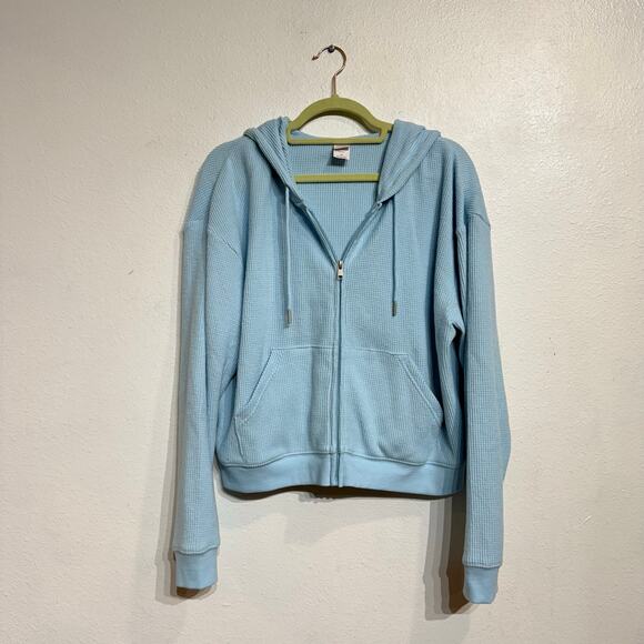 Auden Baby Blue Waffle Knit Front Zip Hooded Sweater Sz M - Picture 2 of 12